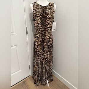 Joseph Ribkoff Vintage Animal Maxi Dress size 14 Side Slit Formal Gold Accents